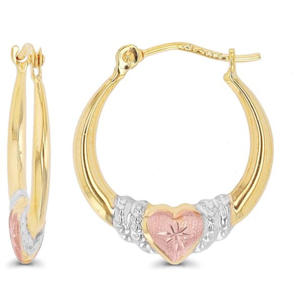 14k Gold Solid Hypoallergenic Heart Hoop Earrings  Tricolor Gold Two Tone